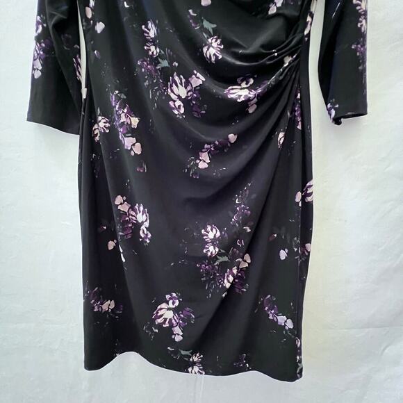 Lauren Ralph Lauren Women's Floral Black V-Neck Ruched 3/4 Long-Sleeve Dress 14P - Picture 6 of 9